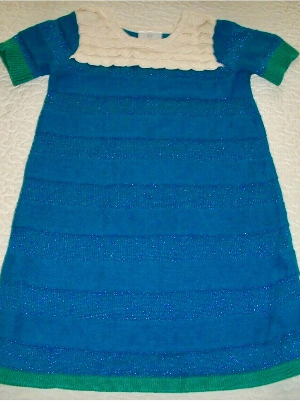 Hanna Andersson Teal-Blue Knit Dress with Cream Collar and Green Trim